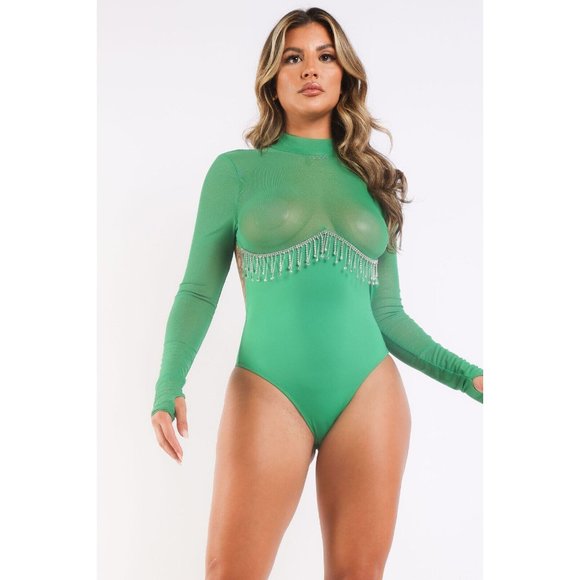 Women's Rhinestone Underboob Trimmed Bodysuit Long Sleeve Swimwear Mock Neck - Picture 4 of 9